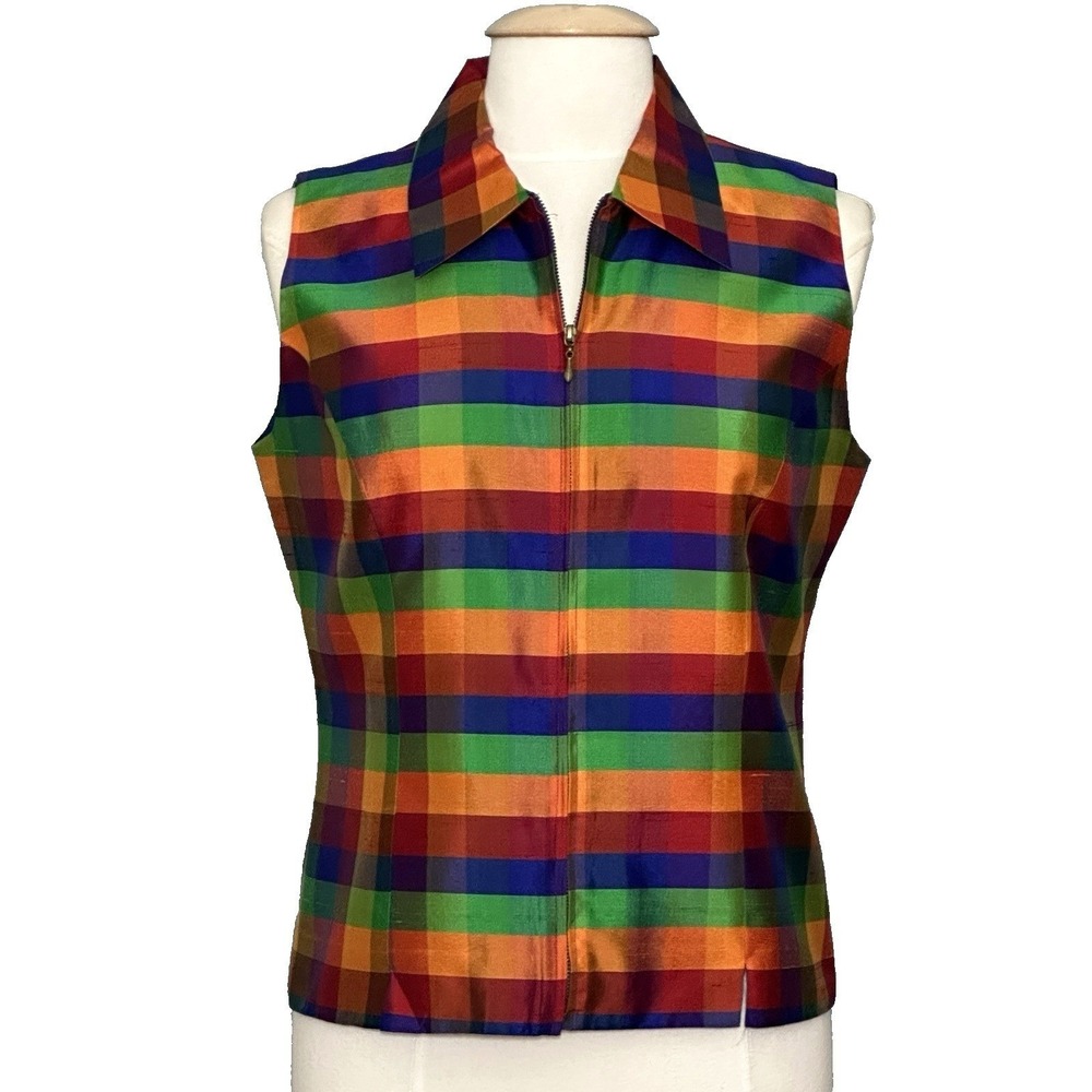 VTG Rainbowcore Womens Top 6 Bright Colorful Silk Stripe Plaid 90s Y2K Statement
